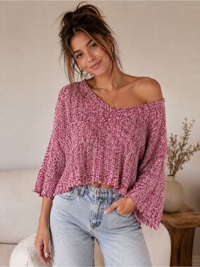 Cozy Chenille V-Neck Cropped Sweater - Pink
